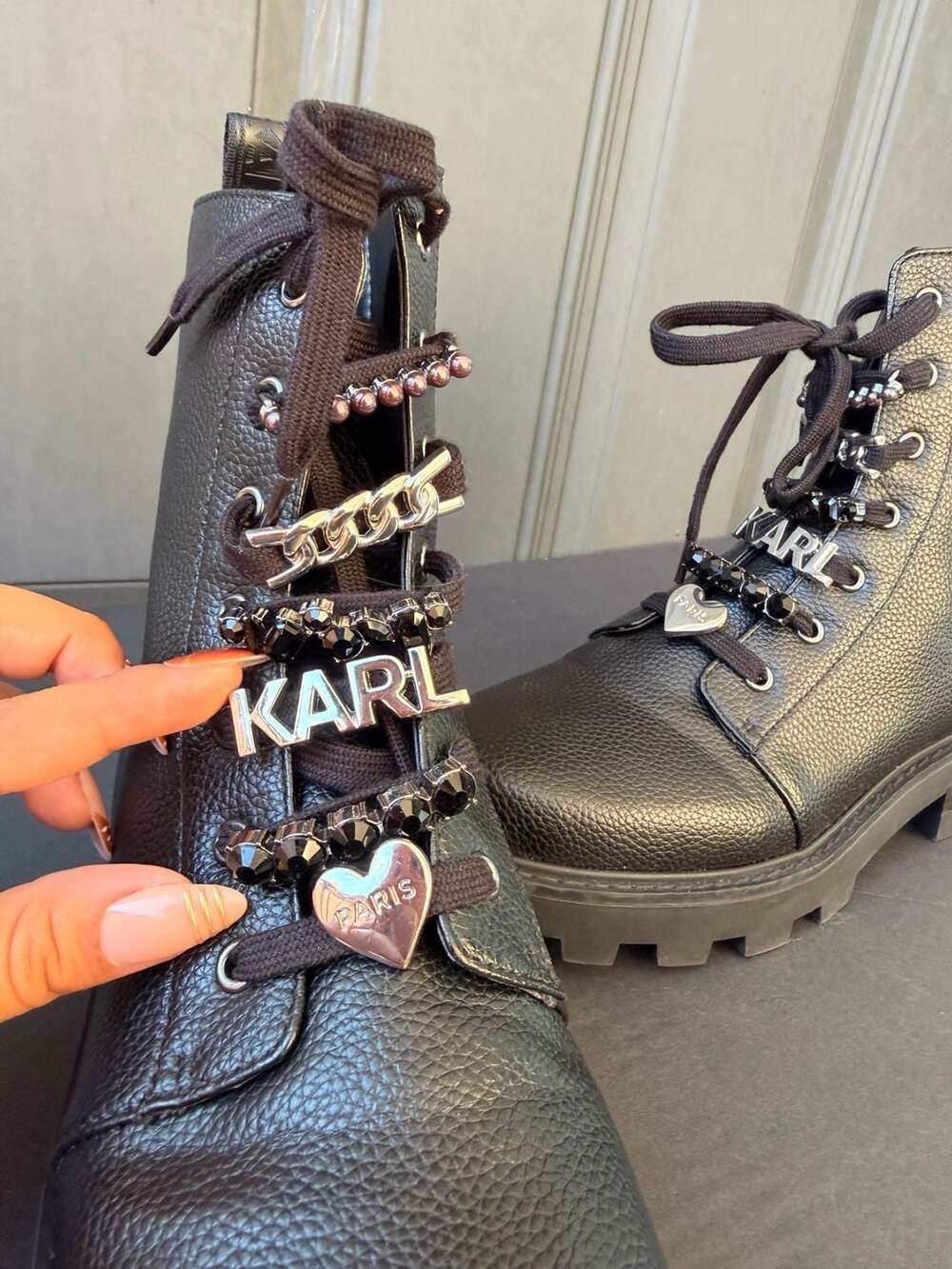 Karl Lagerfeld Paris Mela Combat Boot Size 6.5 Black Leather Jeweled Strap